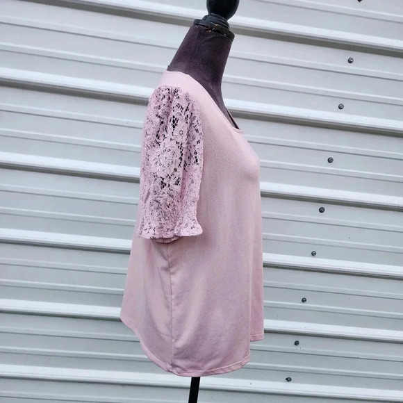 Adrianna Papell Pink Pullover Lace Short Sleeves Stretch Square Neck Top Shirt L - Picture 3 of 9